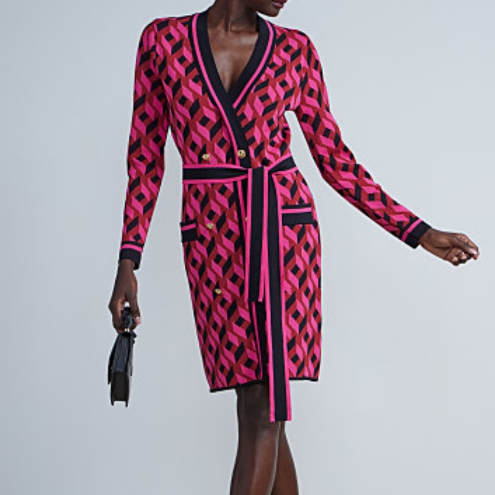 🎀 NY & CO | Barbie Pink Cozy Knit Geometric-Print Sweater Dress - EUC | Size L